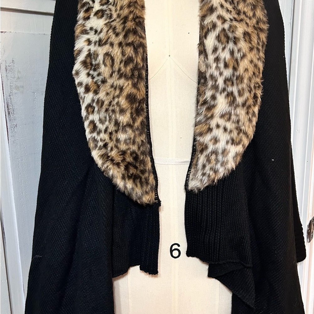 Leopard Trim Black Cardigan Sweater